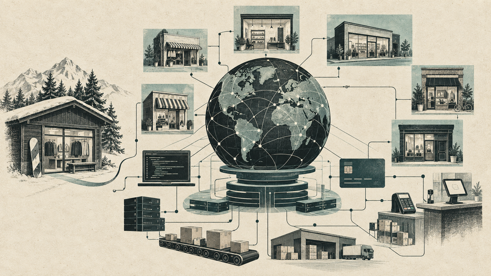 Illustration of a snowboard shop linked to merchant storefronts